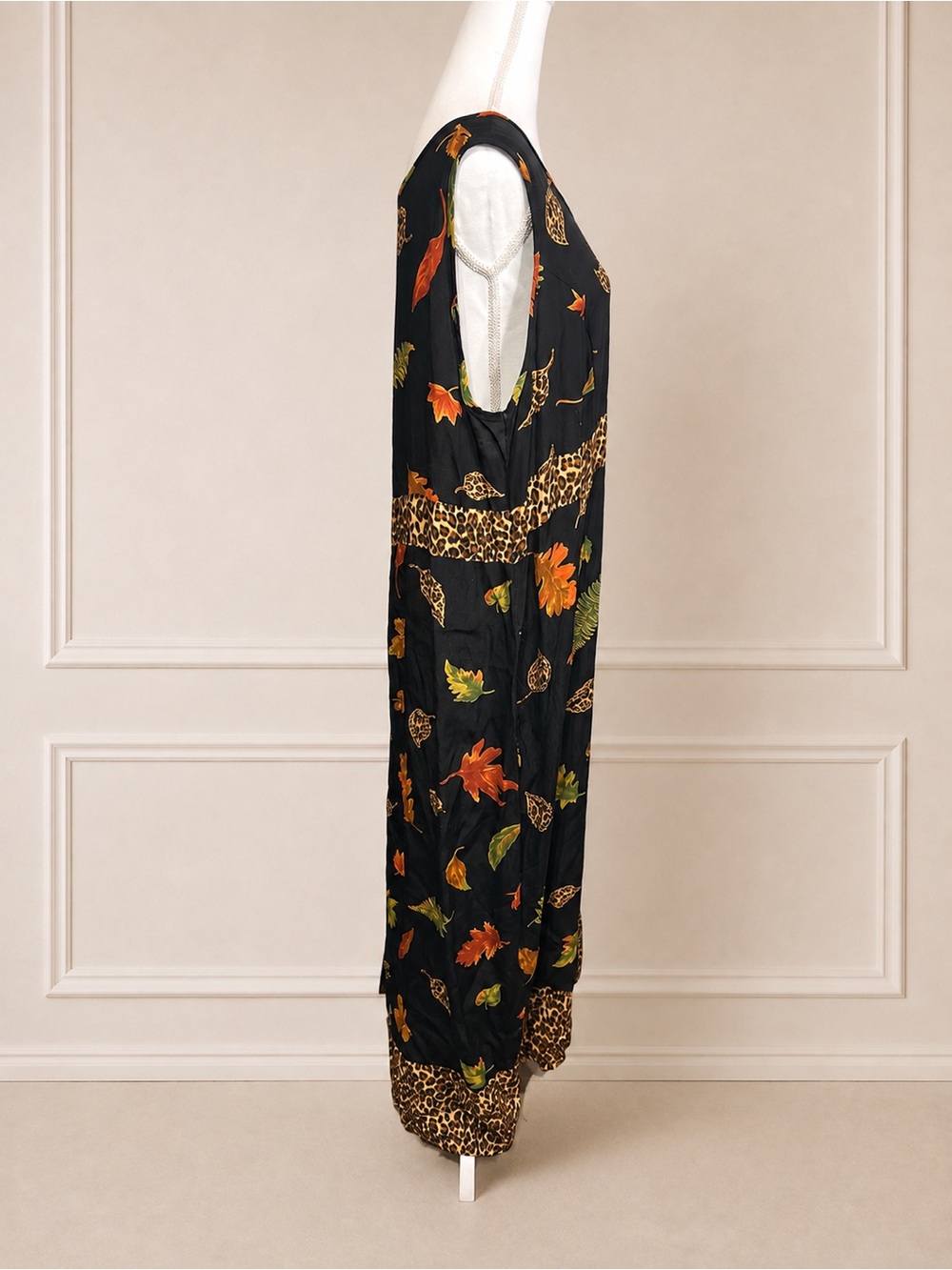 Vintage 90s CLIO 1X Black Autumn Leaf Leopard Print Rayon Maxi Dress Witchy Fall - Picture 6 of 8